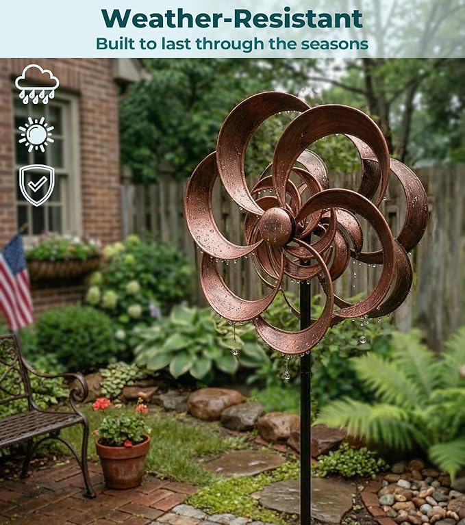 63" Metal Wind Spinner Outdoor, Double-Sided Kinetic Yard Spinner, Smooth Spinning Garden Decor, Stable 5-Prong Stake, Copper Yard Art for Lawn & Patio