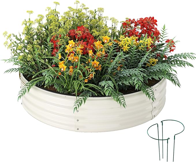 ZFHgarden Galvanized Metal Planter Round Raised Garden Bed Kit for Gardening Outdoor，2x2x1ft Grow Garden Box Raised Flower Bed，Round Galvanized Planter Outdoor Metal Fire Pit Ring White
