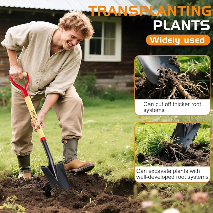 HIGHLIGHT 45-Inch Spade Shovel for Digging, Heavy Duty Transplanting & Drain Spade with Steel D-Grip and Wooden Handle, Lightweight Sharp Shooter Trench Shovel for Gardening