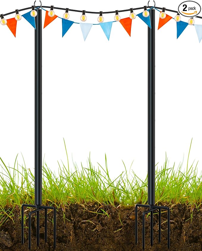 LAND·VOI Metal String Light Poles for Outside Hanging - Backyard, Garden, Patio, 2 Pack Lighting Stand with Adjustable Height for Outdoor Parties, Wedding, Extra-Long 5-Prong Claws, (10FT) FLP02B