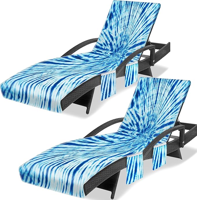 Lounge Chair Towel Cover (Pack of 2), Tie Dye Style Chaise Lounge Cover, Beach Chair Covers with Pockets for Pool Beach Garden Courtyard Outdoor Trips, 85 x30 in, Dark Blue