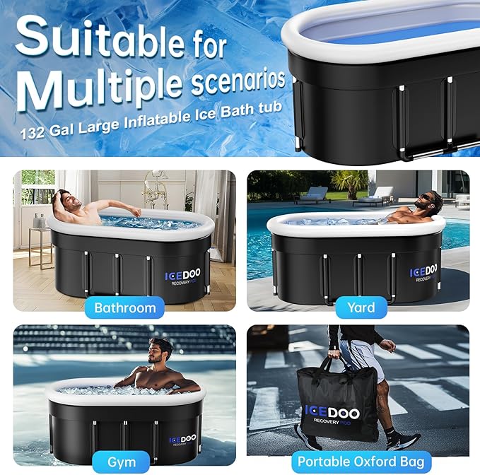 Wxtkkom Upgraded 175-Gal Oval Ice Bath Tub with Air Ring, Portable Multi-Layered Cold Plunge Tub - Foldable & Inflatable, with Lid, for Athletes & Adults,Ideal for Home, Gym & Outdoor Use