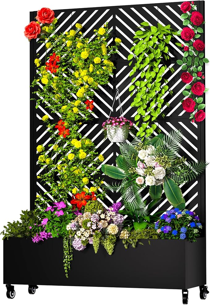 MTART Metal Planter Box with Trellis, 72.1"x47.2"x16" Outdoor Galvanized Raised Garden Bed with Privacy Screen & Drainage Holes & Lockable Casters for Climbing Plants, Vegetable (Arrow-Black1)