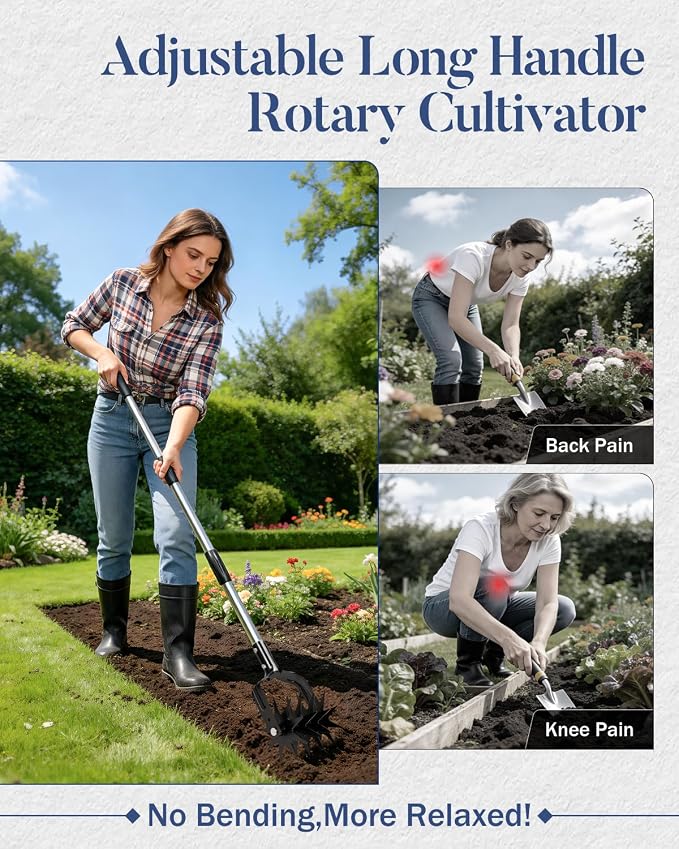 Joyhalo Rotary Cultivator Garden Tool, Manual Hand Tiller with 57in Adjustable Stainless Steel Pole and Parallel-Blades Tines for Reseeding Grass, Soil Aeration, and Small Garden Beds