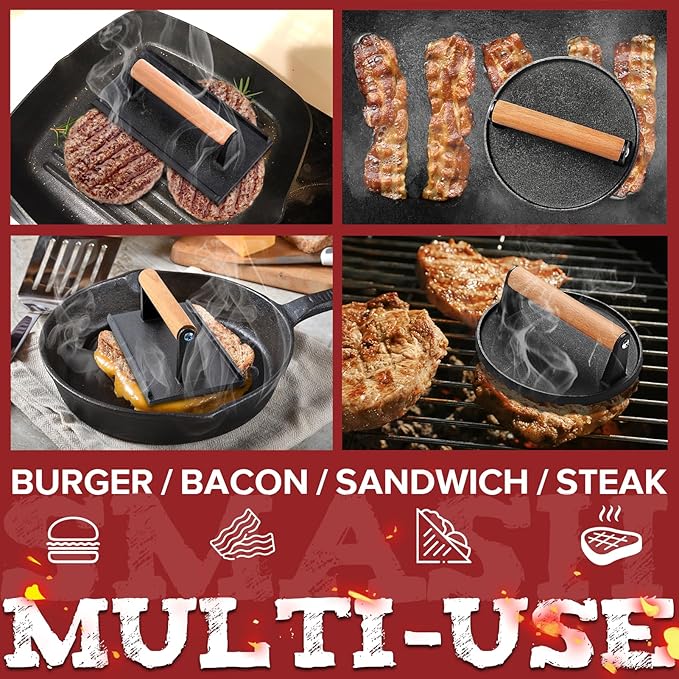 Grilliance 5pcs Smash Burger Press Kit, 3 in 1 Hamburger Press Patty Maker, Cast Iron Burger Press Round & Rectangle, 100pcs Wax Paper for Grill, Griddle, Flat top, Kitchen, Cooking