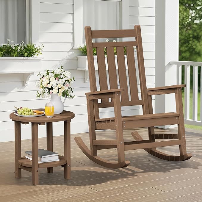 SERWALL Round Outdoor Side Table Set of 2, HDPE Small Adirondack Double End Table, Brown