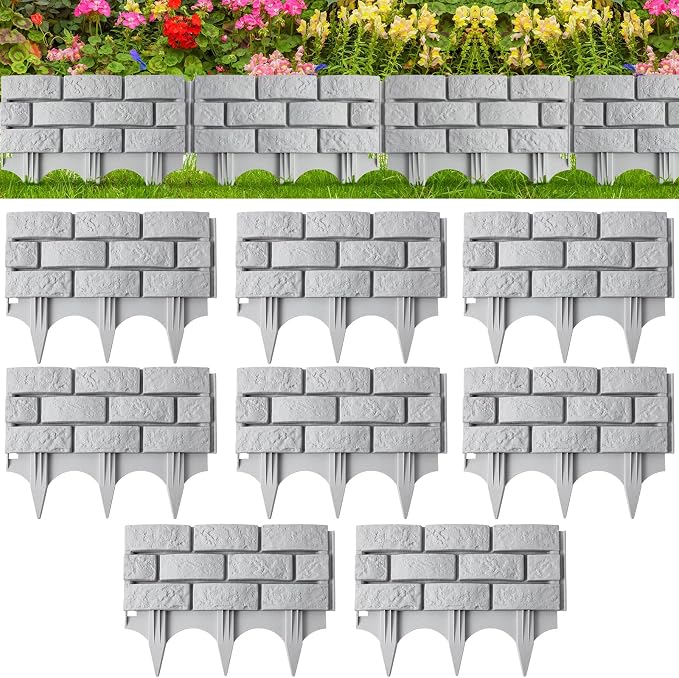 Landical 8 Pcs Imitation Stone Garden Fence, Faux Stone Retaining Wall Look Garden Bricks Border with Ground Stakes, 17.3 x 12.6 in Gray Plastic Edging Blocks for Flower Beds, Lawn, Mulch (Gray)