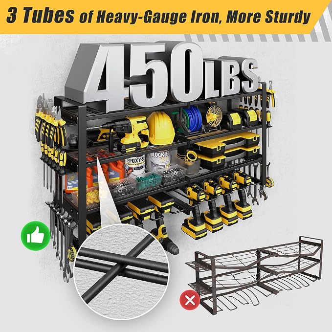 Jusgym Power Tool Organizer Wall Mount |450lbs Garage Tool Storage Rack with 8 Cordless Drill Holder |4-Tier 32''W Heavy Duty Garage Organization |Gifts for Men