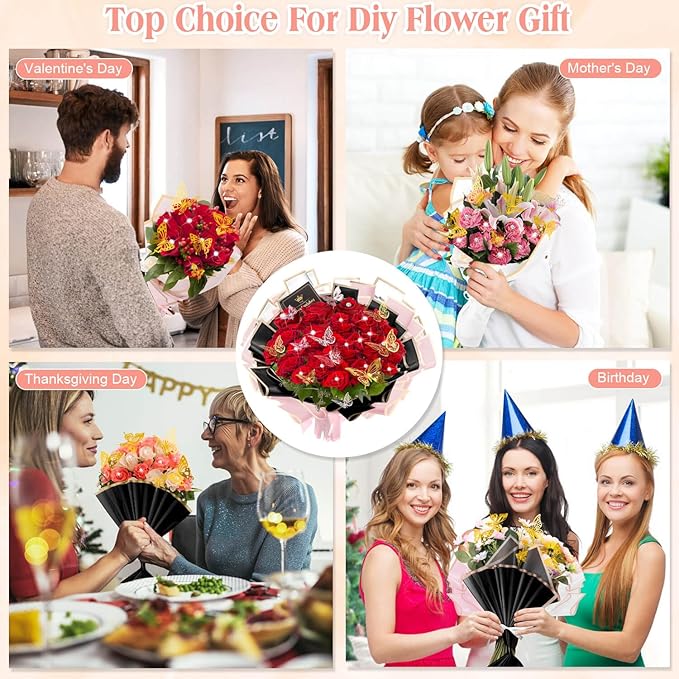 Tetutor 241 pcs Waterproof Flower Wrapping Paper,Bouquet Wrapping Paper Sheets, Floral Wrapping Paper Bouquet With Ribbons Flower Pins 3D Butterflies and Crowns for Florist Wrap
