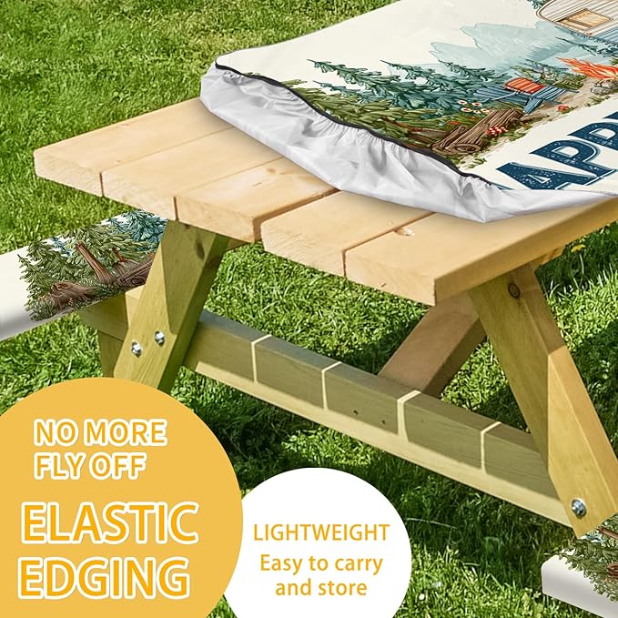 Picnic Table Cover with Bench Covers, Camping Essentials, Fitted Camping Tablecloth with Bag, Waterproof and oilproof with elastic Edge for Indoor Outdoor Patio, 72in (Forest RV)