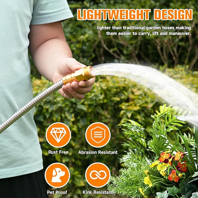 Rosy Earth Garden Hose 10 FT, 304 Stainless Steel Metal Water Hose, Heavy Duty Flexible Leader Hose, Short Water Hose Kink Free Hose for Rv, Outdoor, Yard, No Bite, Leak proof and Durable