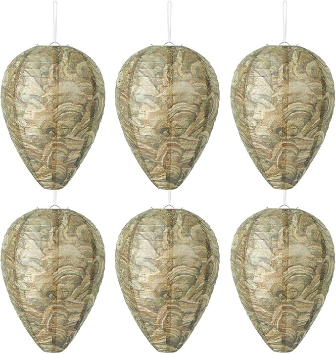 DECYOOL 6 Pack Paper Wasp Nest Decoy Hanging Wasp Nest Stay Away from Wasps Hornets Yellow Jackets(Brown Green)