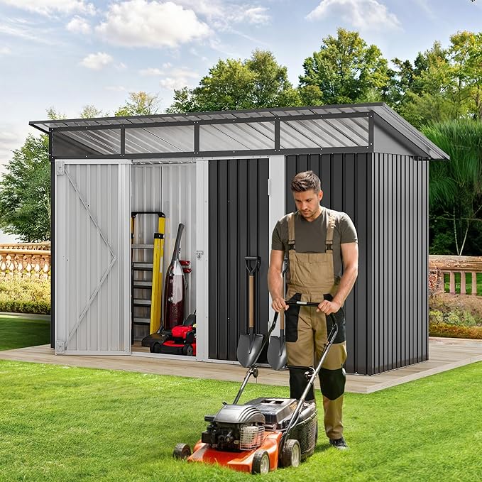 DWVO 8.5x3.5 FT Storage Shed for Bicycle, Functional Metal Tool Shelter Garden Storage Unit with Acrylic Windows, Secure Entry Lock, Water-Resistant Waste Enclosure for Outdoor Patio Garden(Dark Gray)