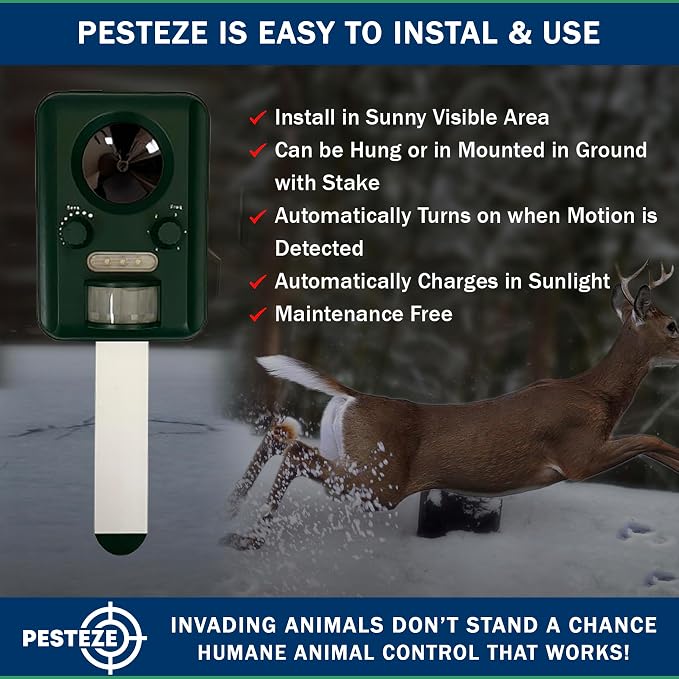 PESTEZE USA Solar Ultrasonic Animal Repellent – Detects & Deters Unwanted Skunk, Deer, Coyote, Fox, Wolf, Rabbit, Raccoon & Birds Using Motion Activation; Outdoor Pest Protection for Yards & Livestock