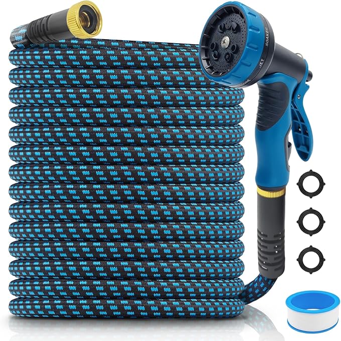 garden hose, non-extendable and ultra-lightweight 25 ft, equipped with 10-function nozzle. Kink-free, sturdy, flexible, and wear-resistant, suitable for use in yards, lawns, outdoors (25 FT)