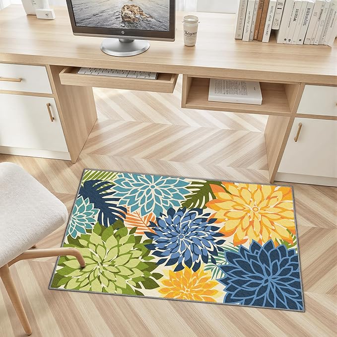 Arenarug 2x3 Colorful Washable Small Rug Tropical Botanical Modern Floral Indoor Chenille Door Mat Carpet Non Slip for Patio, Entry Way, Entrance, Porch, Green