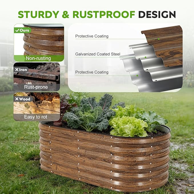 ZORMY Galvanized Raised Garden Bed Outdoor- 2PCS 4x2x1.4ft Oval Steel Raised Beds for Gardening, Metal Planter Box with Protective Strip and Gloves for Vegetables, Flowers, Fruits(Brown)