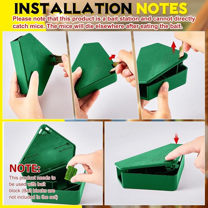 Qualirey 24 Pcs Mice Station with Key Triangle Mouse Station Lockable Reusable Bait Box, Enclosed Design for Indoor and Outdoor Use, Suitable for Small Mice (Green)