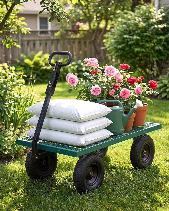 Garvee Versatile Outdoor Utility Cart-1000LBS Heavy-Duty, 13" All-Terrain Pneumatic Tires, Vehicle-Connectable, Easy Maneuverable Lawn Cart with Removable Mesh Panels for Gardening & Landscaping,Green