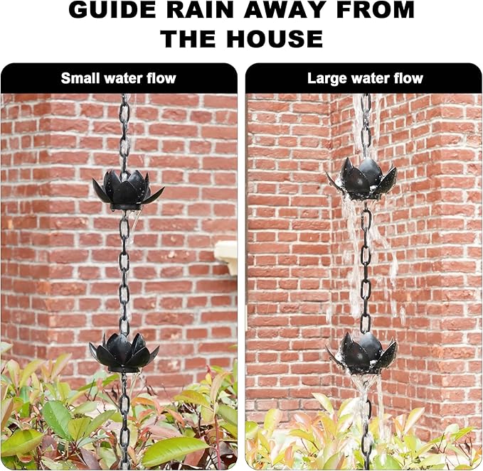 Rifachua 8.5ft Black Rain Chain for Gutters Downspouts Outside, Black Plated Lotus Rain Chain Cups, Functional and Decorative Replacement for Gutter Downspouts