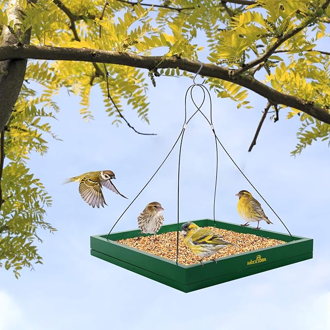 MIXXIDEA Bird Feeder Hanging Tray, Wooden Platform Hummingbird Feeder Hanging Tray Mesh Seed Platform for Garden Yard Outside Decoration Attracting Wild Birds (Green-2pk)