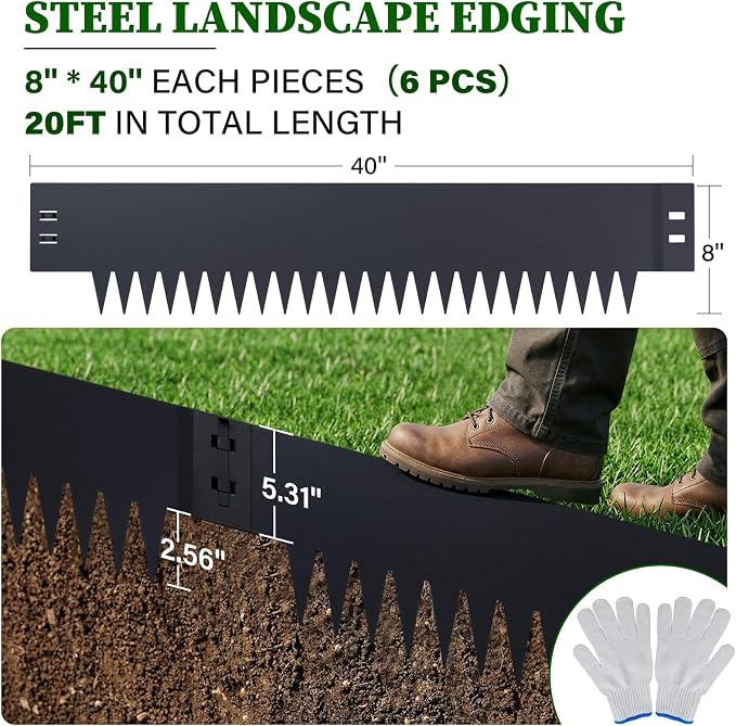 Steel Landscape Edging 6 Pack 8" H x 40" L, Heavy Duty Flexible Galvanized Metal Garden Border Strips, No Dig Lawn Edge with 6 Anchoring Pins, for Flower Bed, Yard, Pathway Divider(20 FT Total)