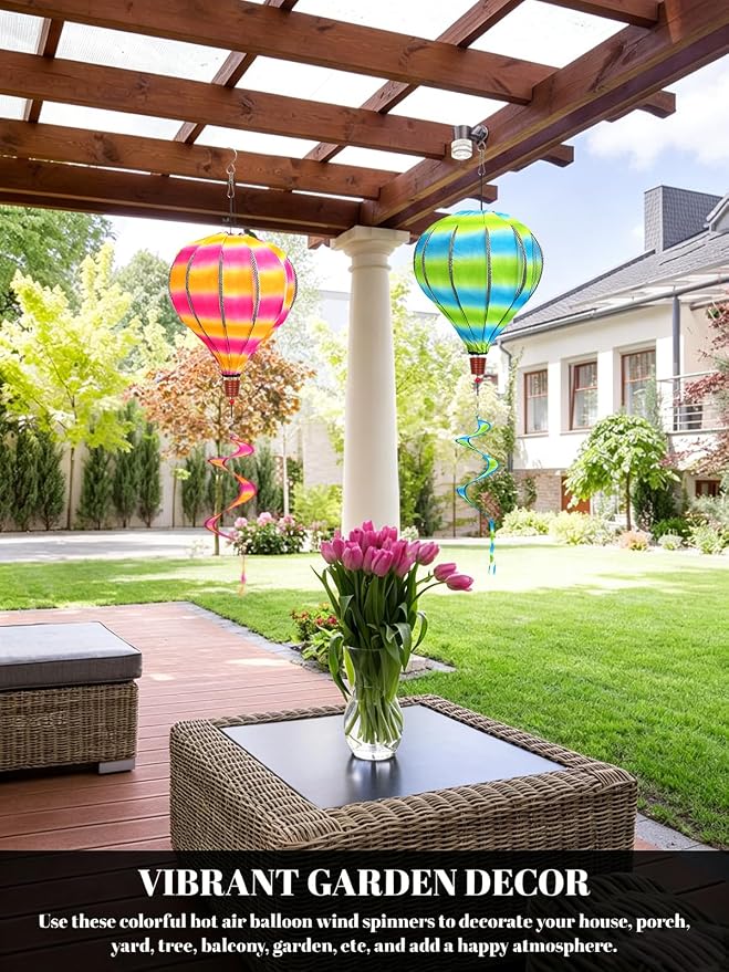 2PCS Giant Rainbow Hot Air Balloon Wind Spinners 14" W x 59" H Large Multicolor Whirligig Wind Spinner Hanging Ornaments for Yard Garden Lawn Outdoor Decorations(Pink&Green)