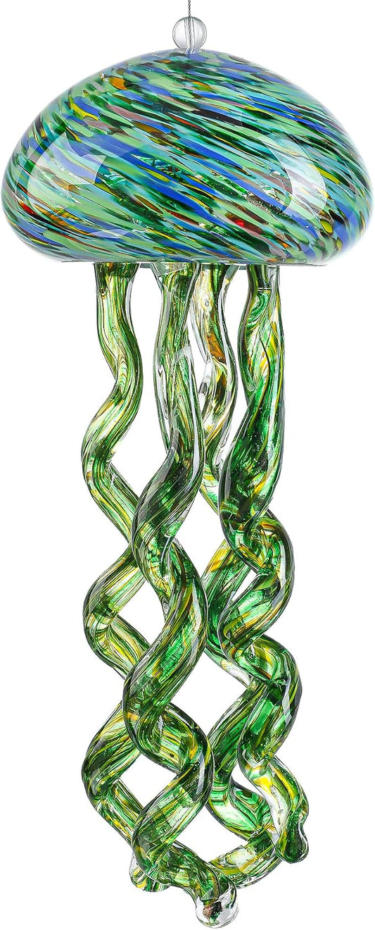 H&D HYALINE & DORA Sea Blown Glass Wind Chimes for Outside Jellyfish Wind Chimes 10 Inch Ocean Beach Themed Chime Gift Sea Glass Hanging Decor for Patio, Window & Garden