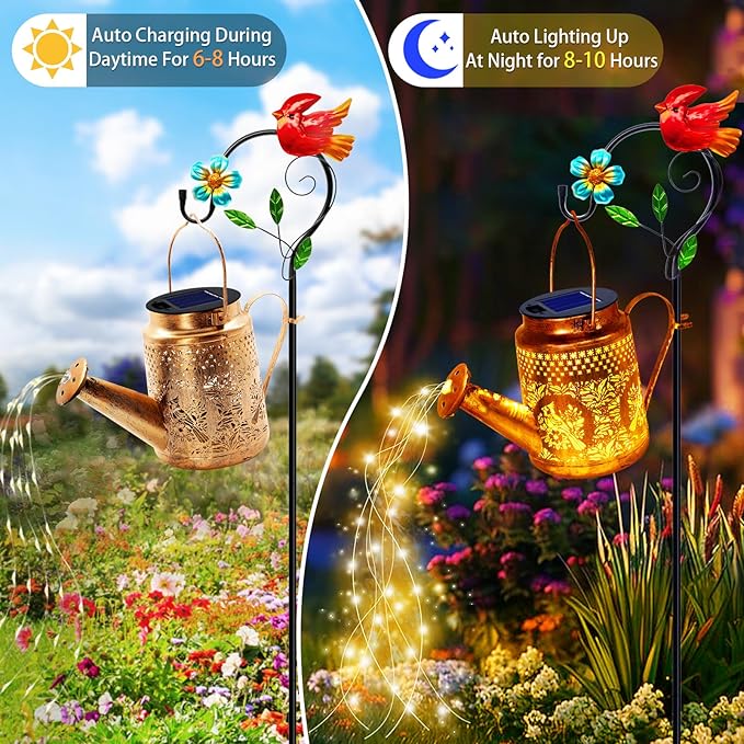 Solar Lights Outdoor Waterproof, Gift For Mom Grandma Women Wife Daughter Mother's Day, Cardinals Watering Can Light With Shepherd Hook, Outside Hanging Solar Light Garden Yard Front Porch Patio Decor