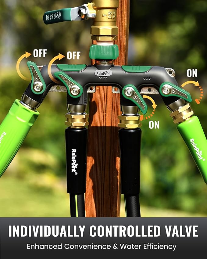 RAINPOINT 4 Way Garden Hose Splitter, 100% Metal Heavy Duty Water Hose Splitter with Individual Shut-Off Valves, 3/4" GHT High Flow Outdoor Faucet Splitter, 1.81" Extra Long Handle (Dark Green)