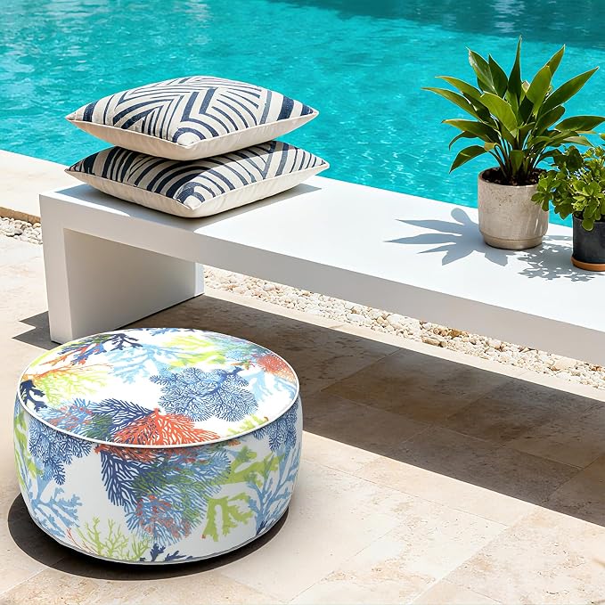 LVTXIII Outdoor Inflatable Footrest Stool, Patio Water Repellent Ottoman with Handle, Portable Round Ottoman Pouf for Garden, Balcony or Home Use, 21x21x9 Inch, Coral Multi