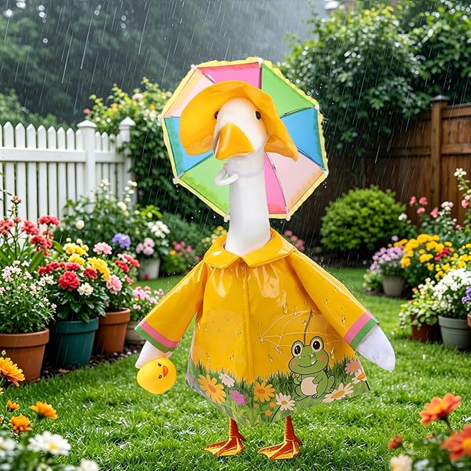 GJL Porch Goose Raincoat Outfit Fits 23 Inch Plastic Cement Goose Statue, Lawn Goose Clothes Set with Umbrella and Hat for Spring Summer Outdoor Yard Garden Decor