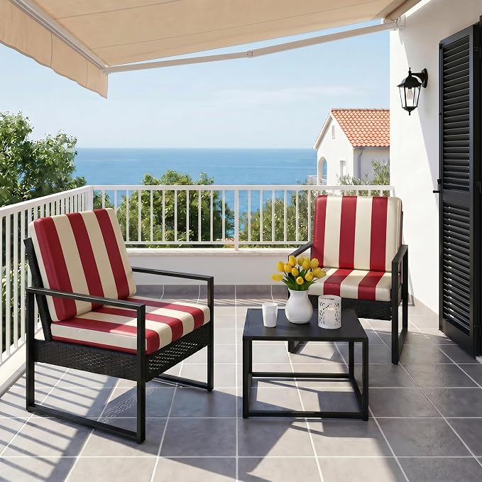 CALBODE 8 Pcs Stretch Outdoor Seat Cushion Covers, Washable Striped Chair Seat Cover for Patio Furniture Cushions Soft Indoor and Outdoor Couch Cover Replacement (Red&Beige, Cover Only)
