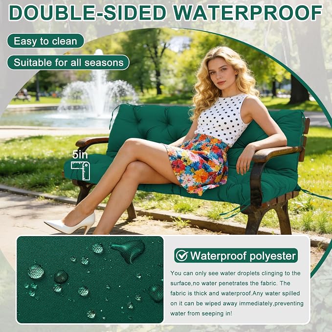 Porch Swing Cushions 48 inch Waterproof & Fade Resistant Thicken 5" Outdoor Swing Cushions 2 Seater Replacement with Backrest & Ties Patio Swing Cushions for Outdoor Furniture (Dark Green)