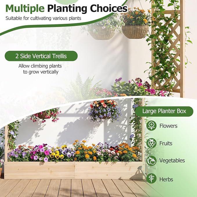 HAPPYGRILL Raised Garden Bed with Trellis, Freestanding 45" Wood Planter Box w/Hanging Roof & 8 Drainage Holes for Vine Climbing Plants Flowers, Outdoor Wood Elevated Garden Bed for Patio Yard