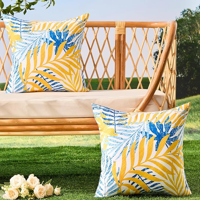 Allorry Outdoor Pillow Covers 20x20 Set of 2 Hawaii Tropics Palm Leaves Blue Yellow Floral Pattern Decoration Pillow Covers for Spring Summer Outdoor Waterproof Garden Patio Sofa Bed Decor JB010-D20