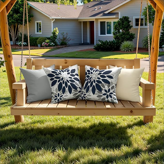 Floral Outdoor Pillow Covers Waterproof Spring Throw Pillow Cases Black Grey 18x18 Inch Set of 2 Decorative Summer Cushion Covers for Patio Furniture Garden Bench Porch Sofa