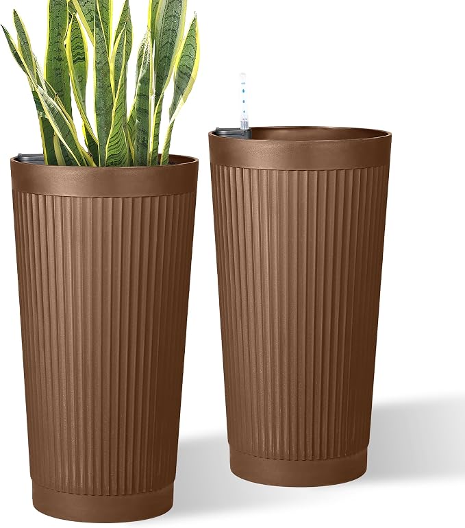 24in Tall Self-Watering Planters Set of 2, Brown | Water level indicator, Self-watering irrigation system, Non-toxic PP plastic, Weather Resistant, Indoor Outdoor Use