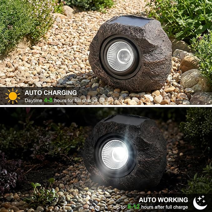 Solar Rock Lights Outdoor, IP65 Waterproof LED Solar Spotlights, Realistic Stone Garden Lights with Adjustable Angle & Auto On/Off, Solar Landscape Pathway Lights for Yard, Walkway, Patio (2 Pack)