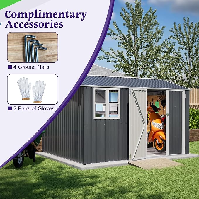 YOPTO 10X8 FT Outdoor Storage Shed,Metal Shed W/Window,Floor Frame & Lockable Swing Door,Garden Tool House W/ 4 Air Vents & Sloped Roof,for Backyard Patio Lawn,Gray