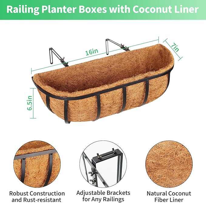 Legigo 2 Pack 16 Inch Window Box Deck Railing Planter with Coconut Liner, Balcony Rail Planters Horse Trough Window Planter Boxes, Metal Railing Hanging Flower Baskets for Outdoor Porch Fence Patio