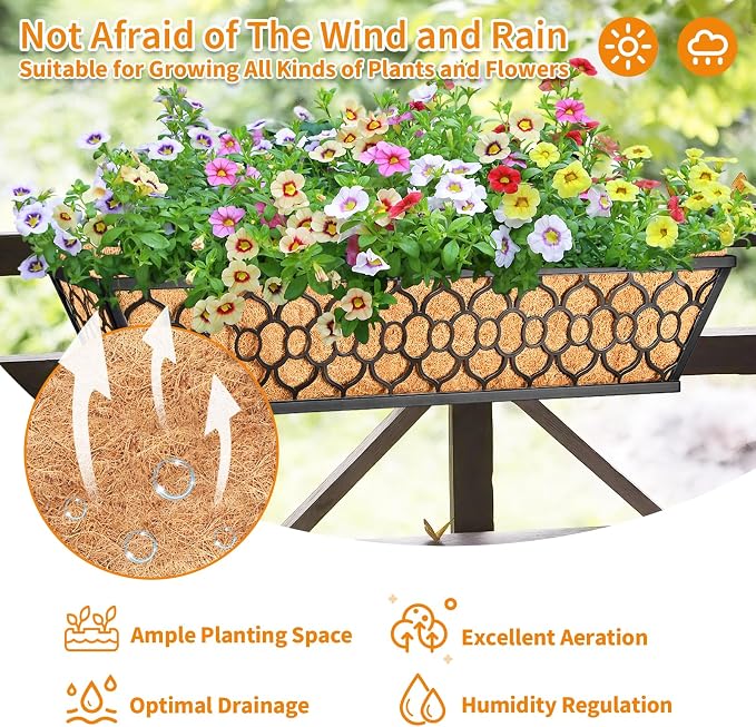 Riare 2 Pack 23 Inch Window Boxes Planters with Coco Liner, Metal Deck Railing Planter Boxes, Balcony Planters Railing Hanging, Horse Trough Window Flower Planter Boxes for Outdoor Porch Fence Patio