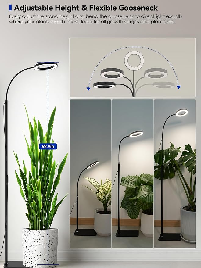 GLOWRIUM Grow Lights for Indoor Plants, Full Spectrum LED Grow Light Floor Lamp with Stand Adjustable Height and Angle, Black Plant Light with 3/9/12H Grow Light Timer (Black, 36W)