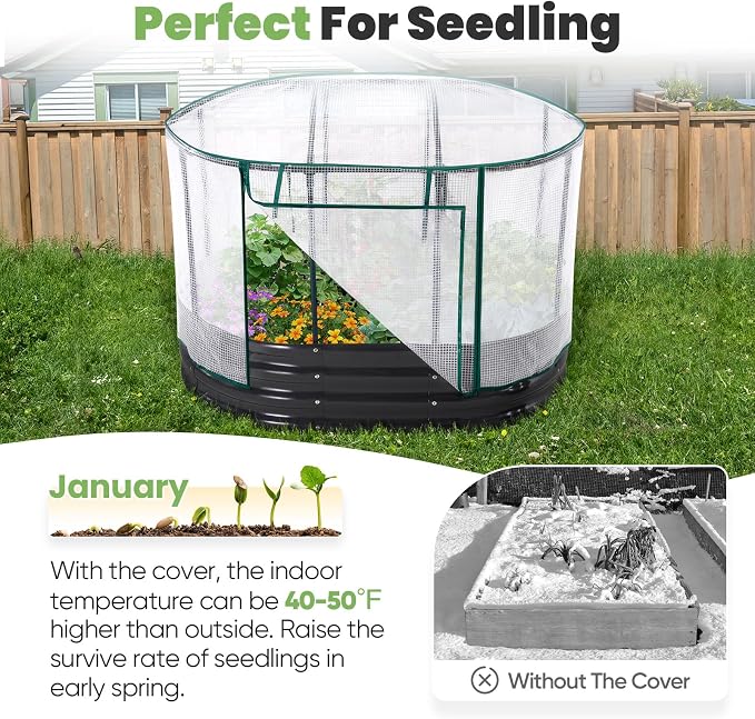 KING BIRD Raised Garden Bed with Cover Galvanized Oval Planter Garden Box Outdoor for Gardening, Vegetables, Flowers 4x3x1 Ft, White, GB-22W