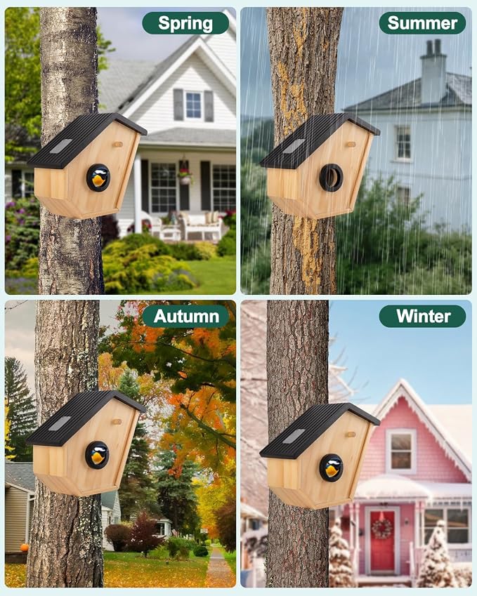 Smart Bird House with Camera, Birdhouse for Outdoor with 2K HD Camera, Solar Powered, Night Vision, Motion Detection & Activities in Real Time, 2.4G WiFi, Ideal Bird Nesting for Bird Lovers