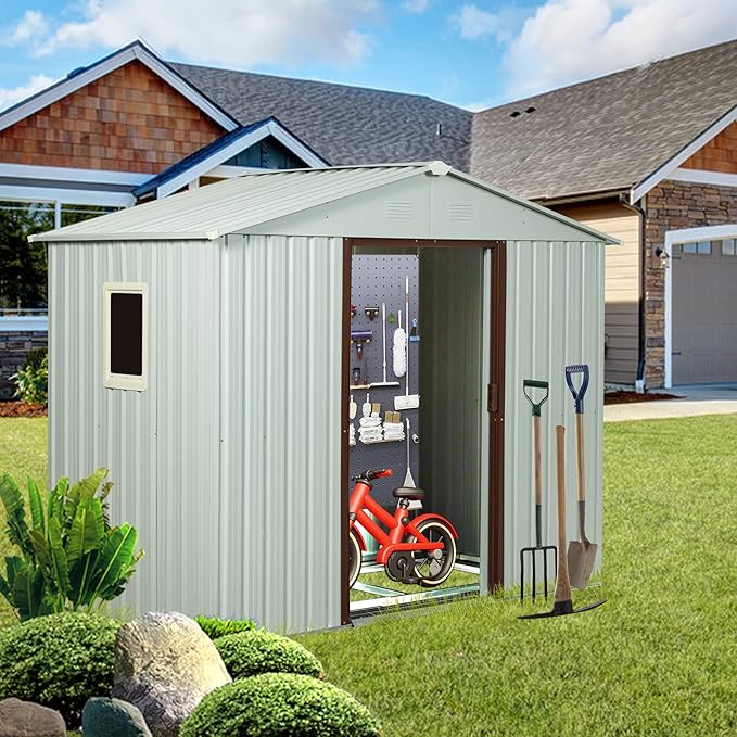 YOPTO 8×4 FT Outdoor Galvanized Metal Storage Shed with Window and Integrated 4 Punched Vents,Large Garden Shed W/Sliding Doors and Padlock,Waterproof Tool Sheds for Backyard Patio Lawn,White