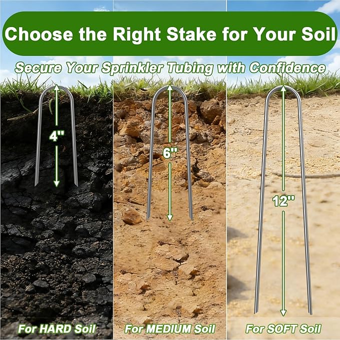 AAGUT Garden Staples 6 Inch Galvanized 100 Pack Round-Top Drip Hose Stakes Irrigation Hooks Heavy Duty 11 Gauge Lawn U Pins Sod Nails for Landscape Fabric, Soaker Hose, Chicken Wire, Dog Fence