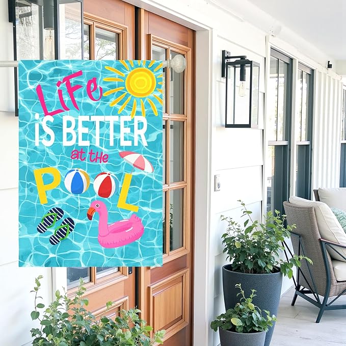 Life Is Better at the Pool Large House Flag Summer Pool Party Outdoor Double Sided Poolside Garden Flags Swimming Pool Flamingo Beach Ball Sunshine Yard Banner Porch Patio Decor 28 x 40 Inch