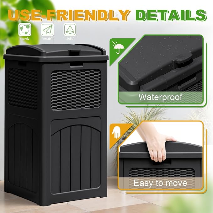 Greesum 33 Package Delivery Box for Outside, Waterproof Resin Garbage Bin with Lid for Hideaway, Deck, Patio, Black