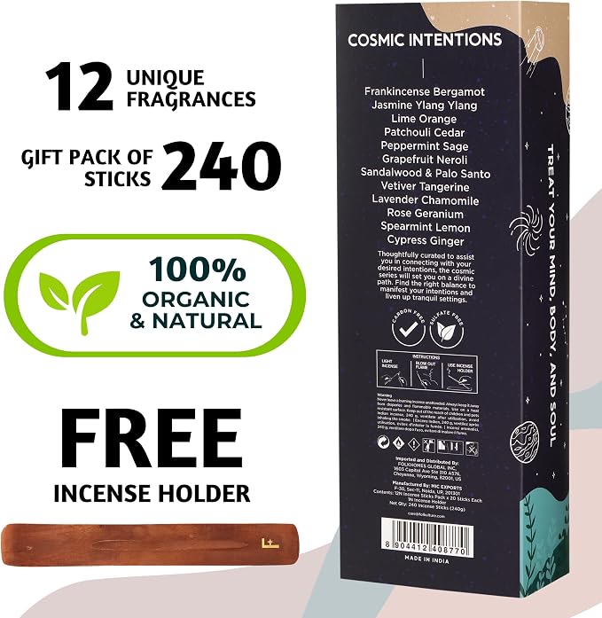 Folkulture Incense Sticks (240 Sticks) | Set of 12 Incense Sticks Variety Pack Aromatherapy Gifts | No Charcoal, Organic, Non Toxic, 45 Mins, Long Burning Jasmine, Patchouli, Palo Santo Insence-Sticks